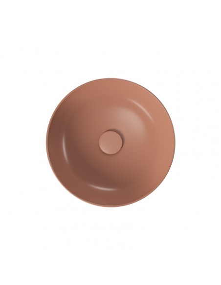 rund håndvask rød terracotta vask bordmonteret bordplade keramik