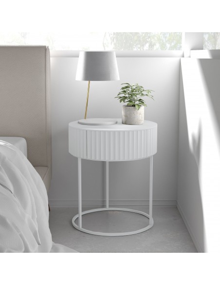sofabord sidebord hvid stuemøbler rundt moderne design sengebord natbord skuffe opbevaring