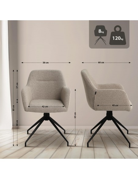 Spisebordsstol stof med armlæn og drejefod drejefunktion beige taupe