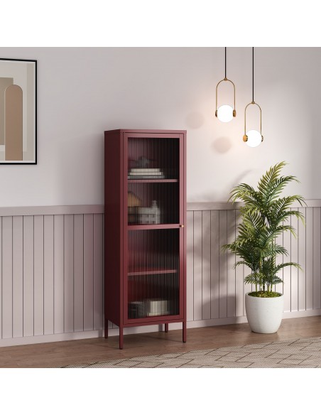 smalt lavt vitrineskab vitrine rød bordeaux metal skænk moderne design nordisk