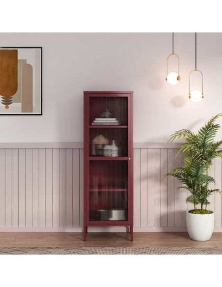 smalt lavt vitrineskab vitrine rød bordeaux metal skænk moderne design nordisk