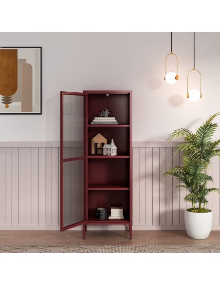 smalt lavt vitrineskab vitrine rød bordeaux metal skænk moderne design nordisk