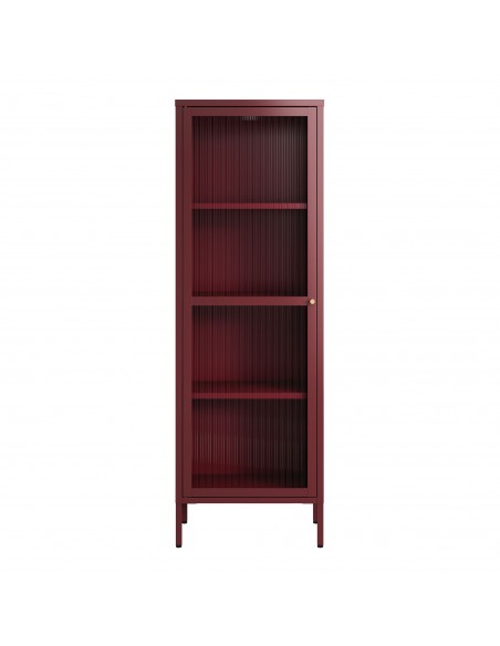 smalt lavt vitrineskab vitrine rød bordeaux metal skænk moderne design nordisk