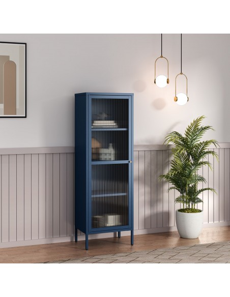smalt lavt vitrineskab vitrine blå metal skænk moderne design nordisk