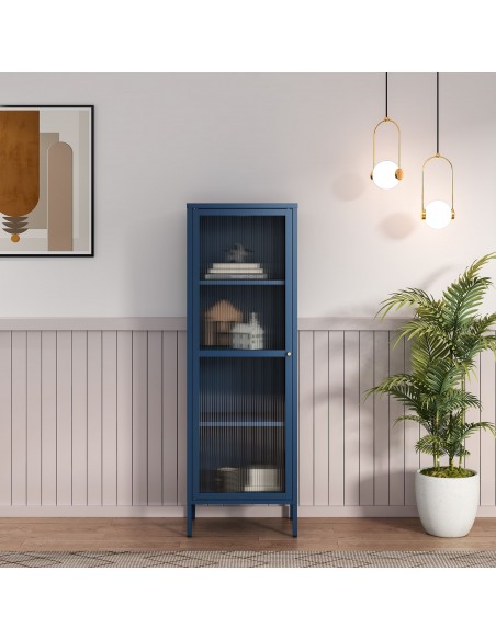 smalt lavt vitrineskab vitrine blå metal skænk moderne design nordisk