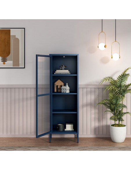 smalt lavt vitrineskab vitrine blå metal skænk moderne design nordisk