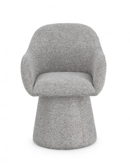 grå spisebordsstol med armlæn og drejefod bouclé moderne design