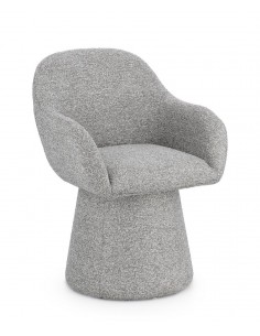 grå spisebordsstol med armlæn og drejefod bouclé moderne design