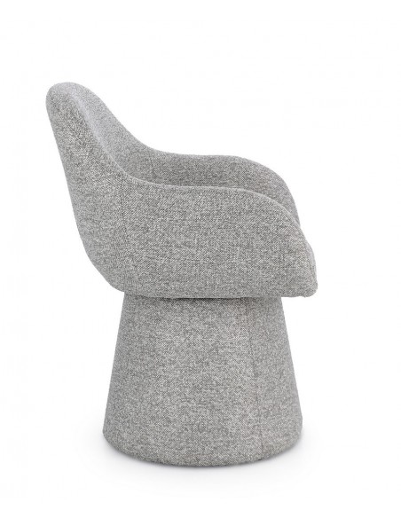 grå spisebordsstol med armlæn og drejefod bouclé moderne design