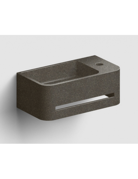 håndvask beton terrazzo grå moderne design badeværelsesindretning badeværelsesrenovering lille gæstetoilet