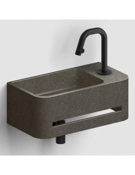 håndvask beton terrazzo grå moderne design badeværelsesindretning badeværelsesrenovering lille gæstetoilet