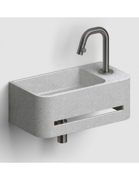 håndvask beton terrazzo grå moderne design badeværelsesindretning badeværelsesrenovering lille gæstetoilet