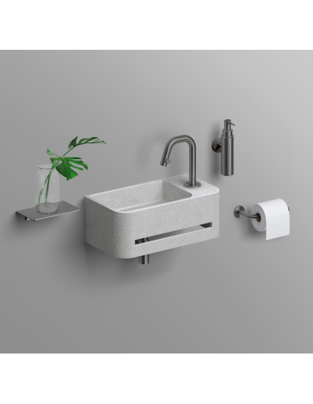 håndvask beton terrazzo grå moderne design badeværelsesindretning badeværelsesrenovering lille gæstetoilet