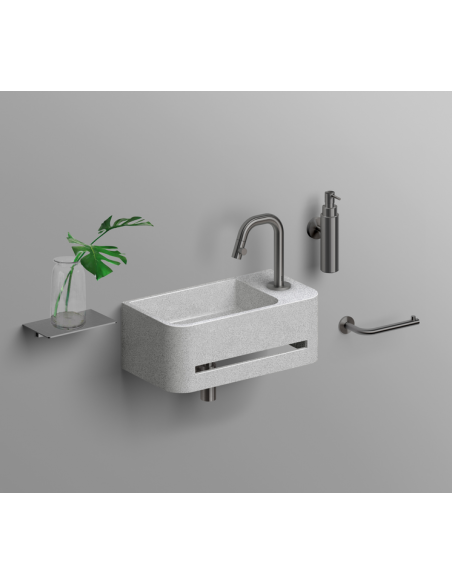 håndvask beton terrazzo grå moderne design badeværelsesindretning badeværelsesrenovering lille gæstetoilet
