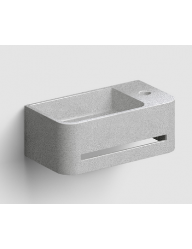 håndvask beton terrazzo grå moderne design badeværelsesindretning badeværelsesrenovering lille gæstetoilet