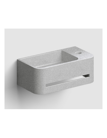 håndvask beton terrazzo grå moderne design badeværelsesindretning badeværelsesrenovering lille gæstetoilet