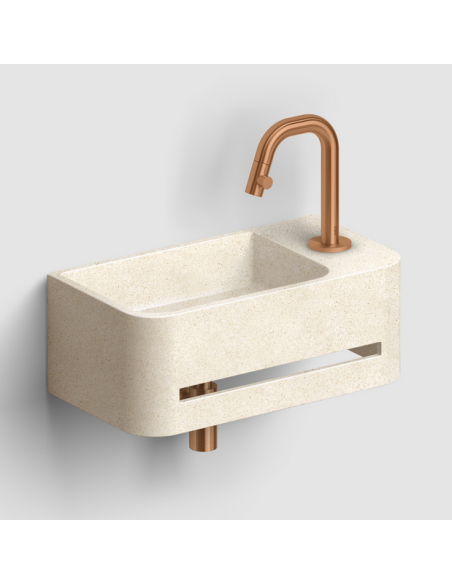håndvask beton terrazzo beige moderne design badeværelsesindretning badeværelsesrenovering lille gæstetoilet