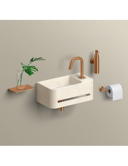 håndvask beton terrazzo beige moderne design badeværelsesindretning badeværelsesrenovering lille gæstetoilet