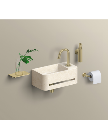 håndvask beton terrazzo beige moderne design badeværelsesindretning badeværelsesrenovering lille gæstetoilet