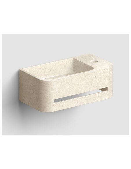 håndvask beton terrazzo beige moderne design badeværelsesindretning badeværelsesrenovering lille gæstetoilet