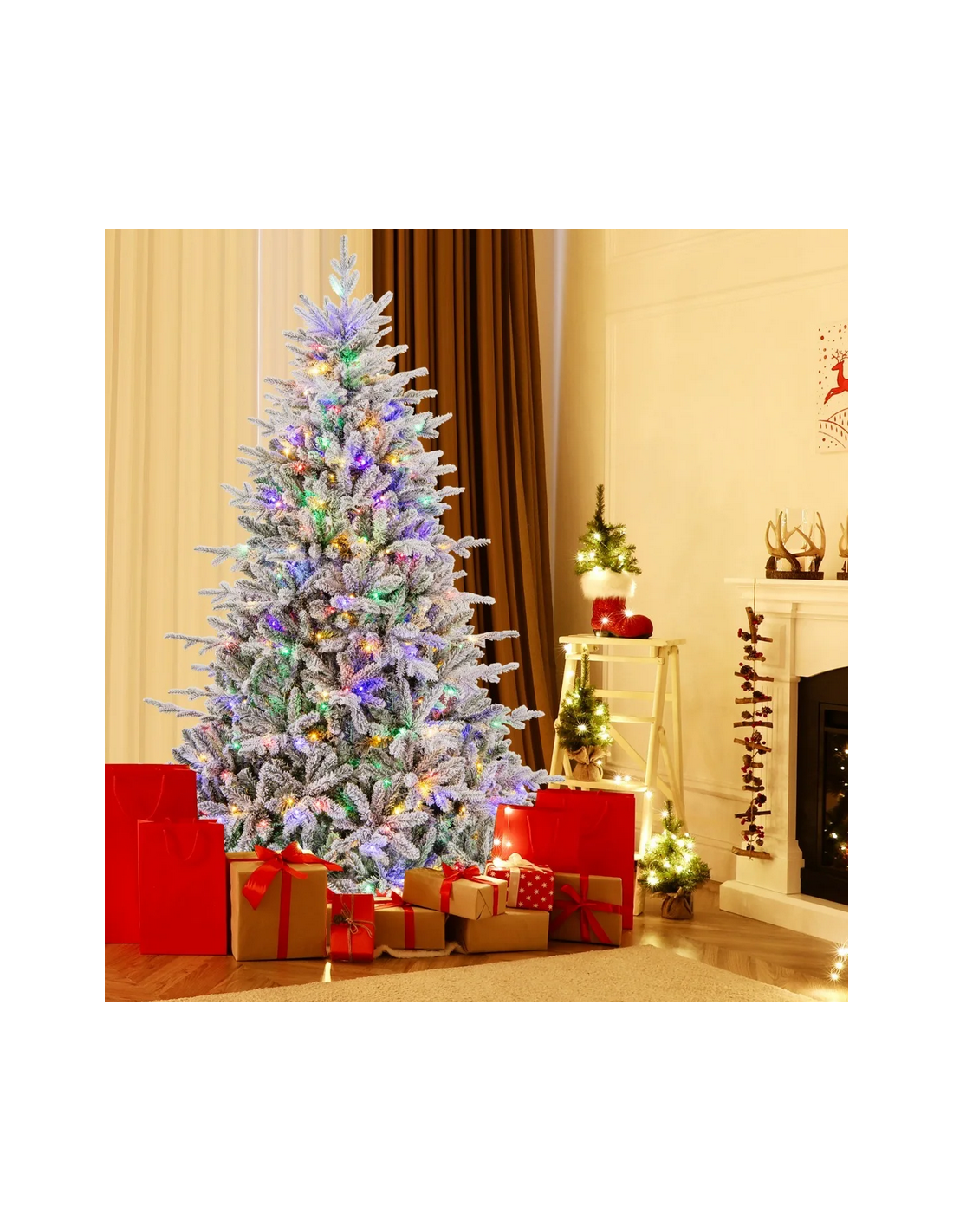 kunstigt juletræ 218 cm plastik grønt julepynt sne led lys farvede kunstigt juletræ 218 cm plastik grønt julepynt sne led lys farvede