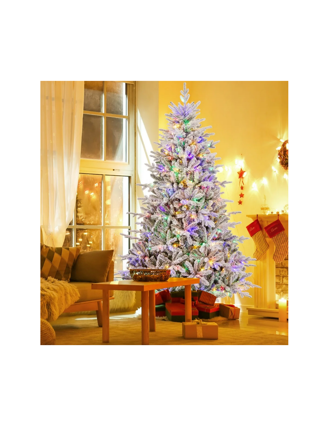 kunstigt juletræ 218 cm plastik grønt julepynt sne led lys farvede kunstigt juletræ 218 cm plastik grønt julepynt sne led lys farvede