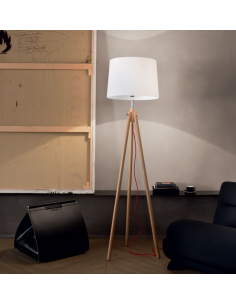 Gulvlampe i træ og tekstil Hvid stof tripod 2