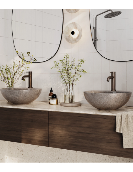 bordmonteret bordplade rund håndvask træ woodio moderne design badeværelse