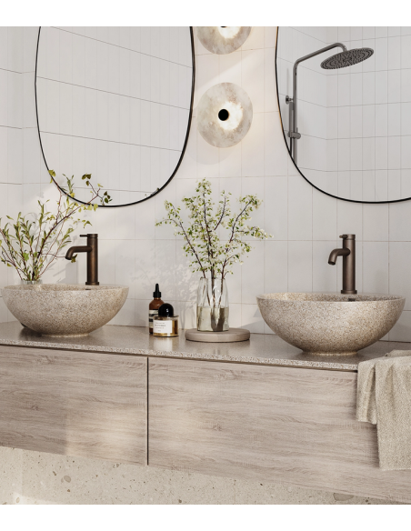 bordmonteret bordplade rund håndvask træ woodio moderne design badeværelse