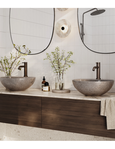 bordmonteret bordplade rund håndvask træ woodio moderne design badeværelse