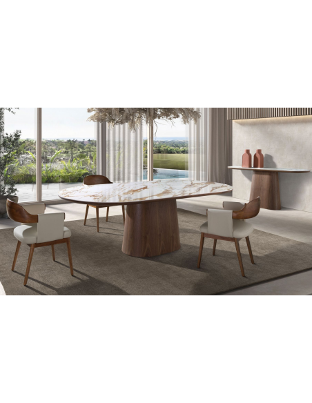 ovalt spisebord træ valnød sten keramik porcelæn marmor