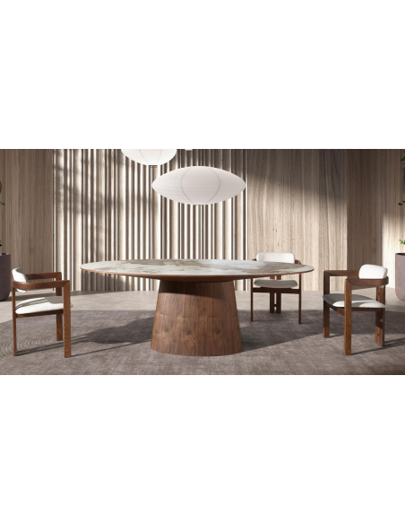 ovalt spisebord træ valnød sten keramik porcelæn marmor