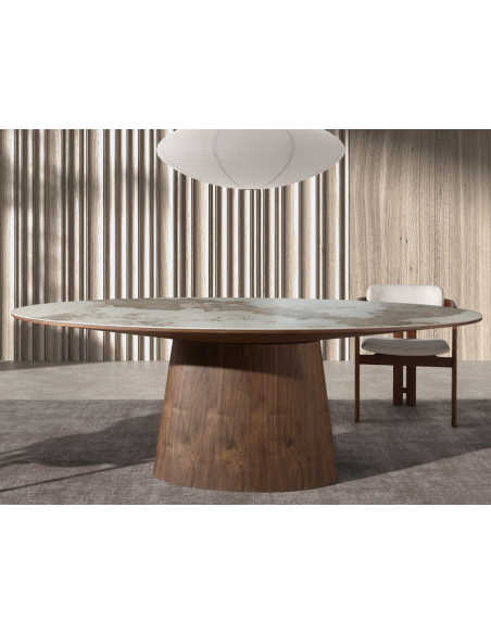 ovalt spisebord træ valnød sten keramik porcelæn marmor