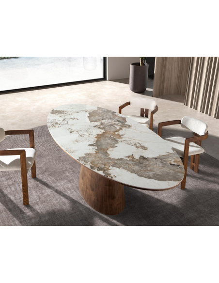 ovalt spisebord træ valnød sten keramik porcelæn marmor