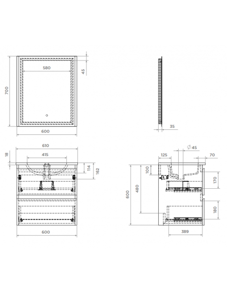 komplet badmiljø væg underskab med vask håndvask badeværelse spejl med lys led