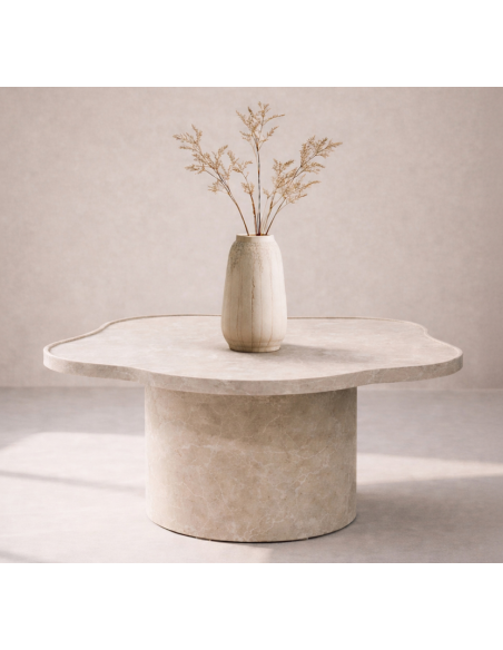 stort organisk sofabord beige marmor travertin træ moderne design