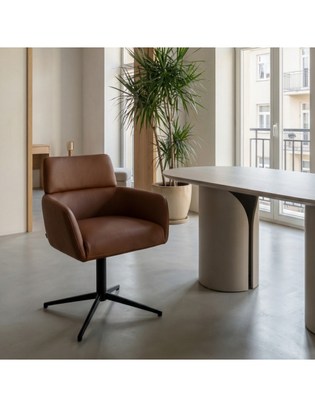 spisebordsstol med armlæn drejefod drejefunktion ægte læder design brun cognac