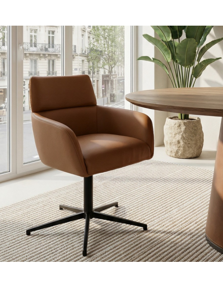 spisebordsstol med armlæn drejefod drejefunktion ægte læder design brun cognac