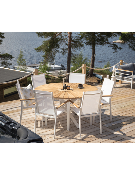rundt havebord hvid aluminium moderne design teak træ teaktræ
