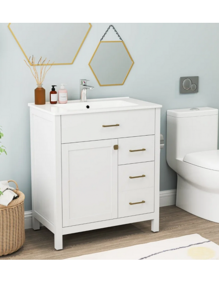 komplet badmiljø underskab med vask håndvask badeværelse hvid mat badeværelesmøbler