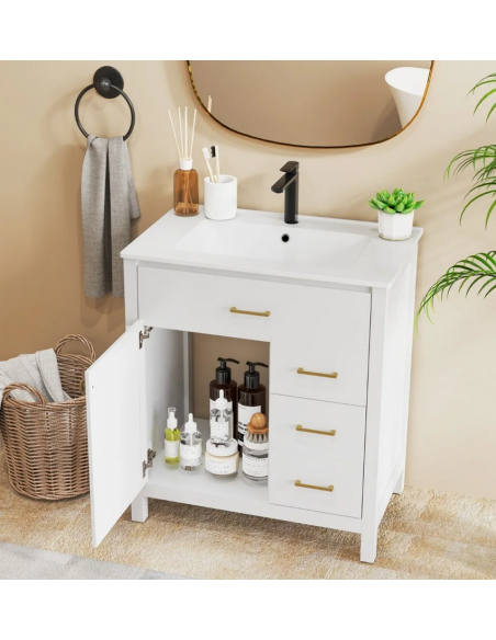 komplet badmiljø underskab med vask håndvask badeværelse hvid mat badeværelesmøbler