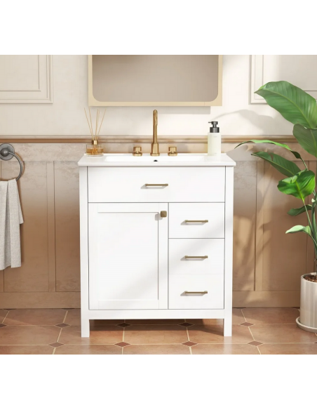 komplet badmiljø underskab med vask håndvask badeværelse hvid mat badeværelesmøbler