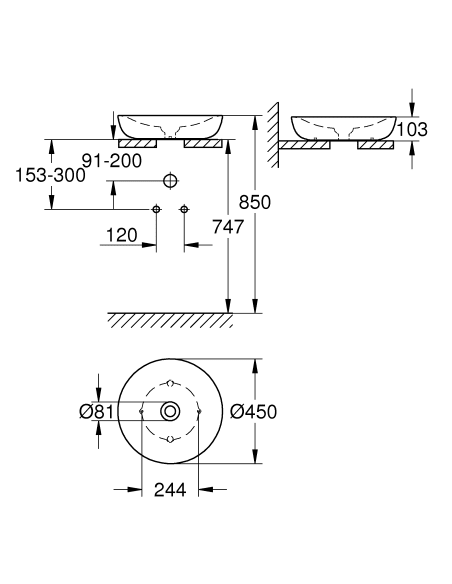 håndvask hvid rund keramik porcelæn vask bordmonteret bordplade skab