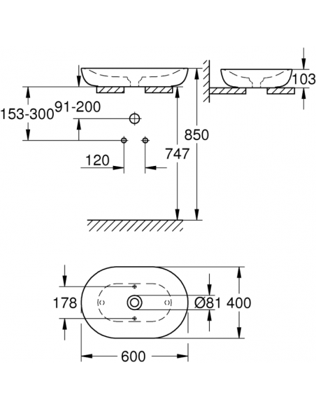håndvask hvid oval keramik porcelæn vask bordmonteret bordplade skab