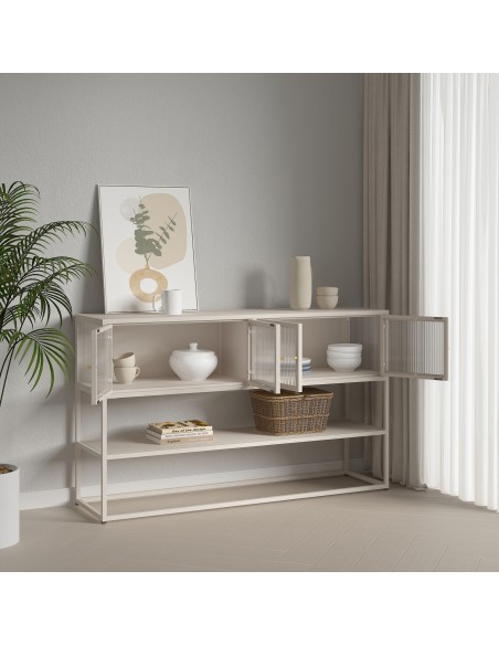 skænk træ eg sideboard opbevaring stuemøbler smal lav beige