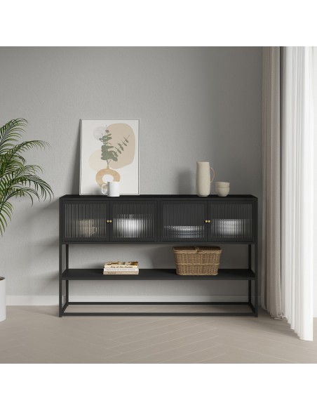 skænk træ eg sideboard opbevaring stuemøbler smal lav sort