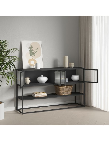 skænk træ eg sideboard opbevaring stuemøbler smal lav sort