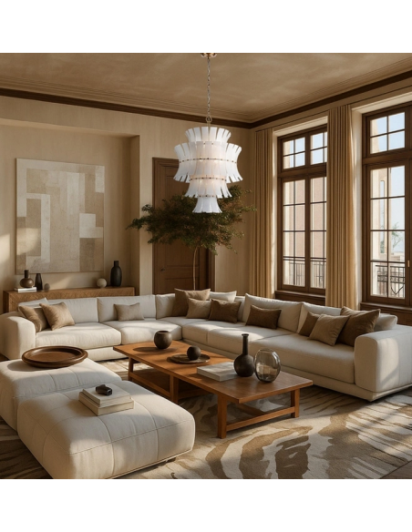 Loftlampe lysekrone design spisebord glas hvid messing