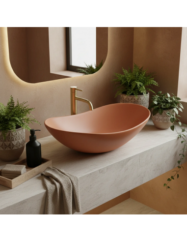 Bordmonteret bønneformet håndvask i keramik 61,5 x 35,5 cm - Mat kanelbrun