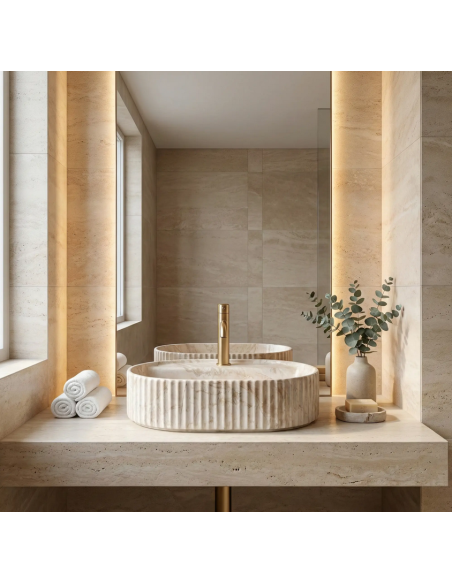 oval håndvask vask bordmonteret bordplade keramik badeværelse marmor beige